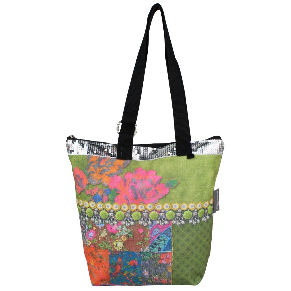 Sac tote bag motif bohème design fleurs fond vert 0006 A DÉCOUVRIR ! - 1
