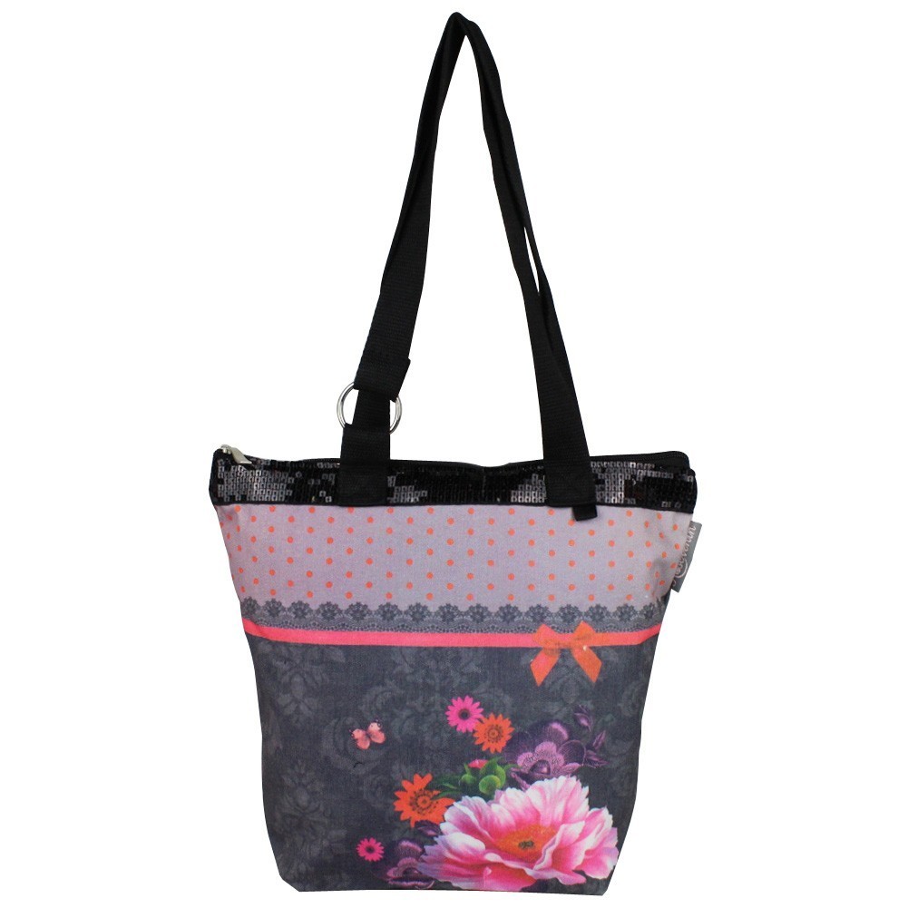 Sac petit cabas bohème imprimé design fleurs effet dentelle fond gris 0003 A DÉCOUVRIR ! - 1