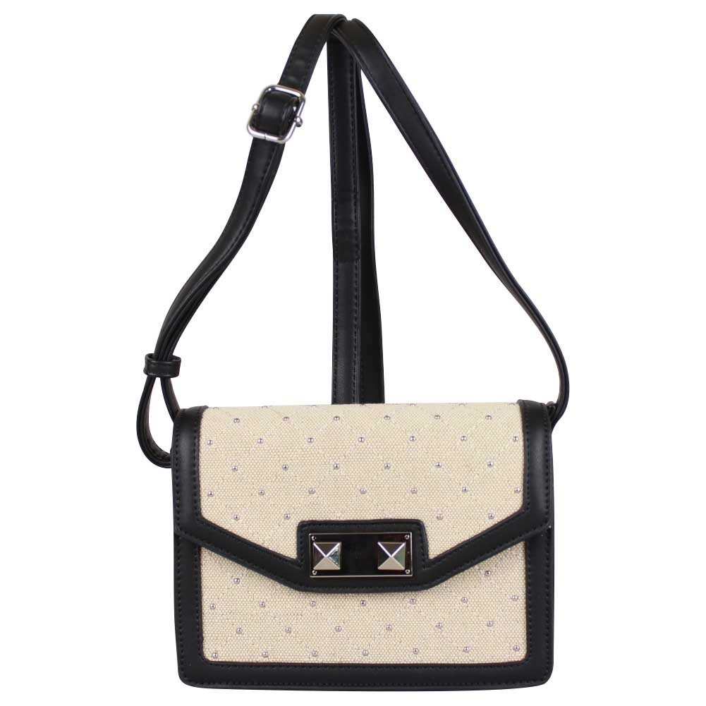 Sac à main Fuchsia toile surpiquée déco rivets et chaîne beige FUCHSIA - 1