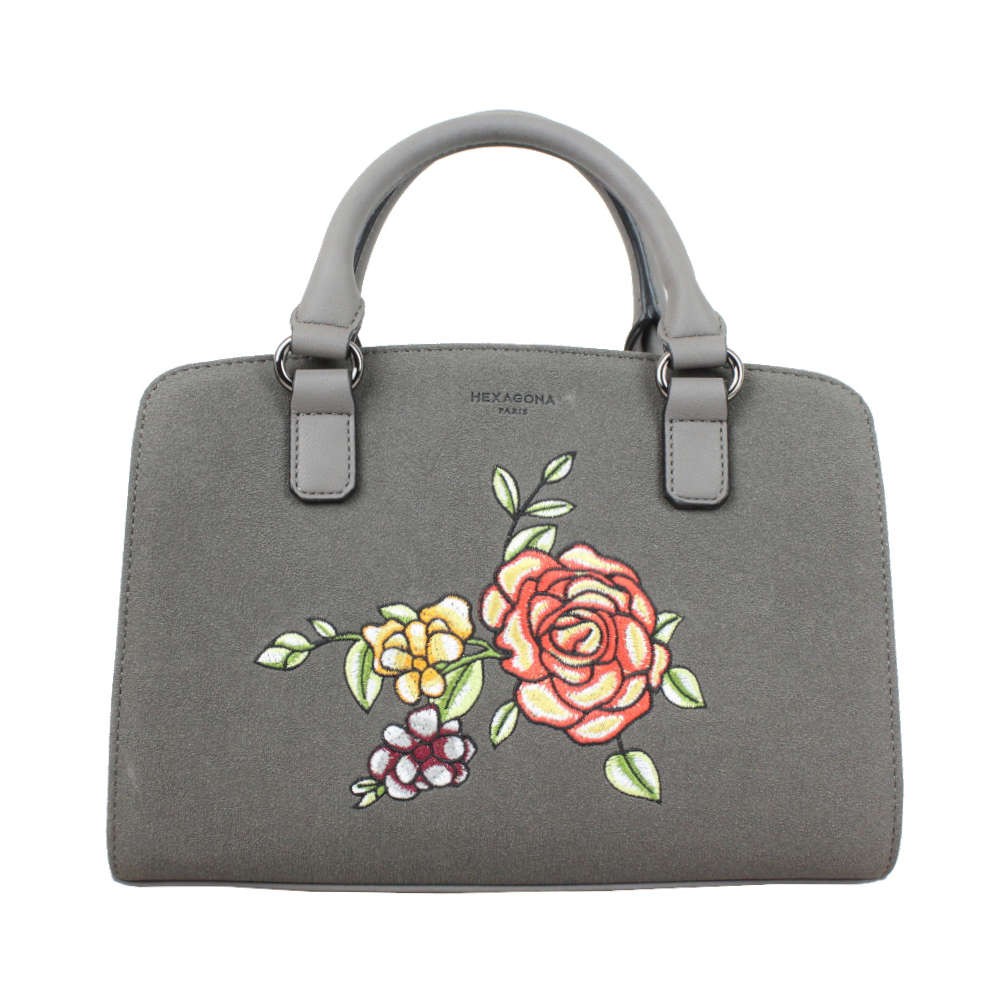 Sac à main Hexagona rigide bi-matière Gris motif fleur HEXAGONA - 1