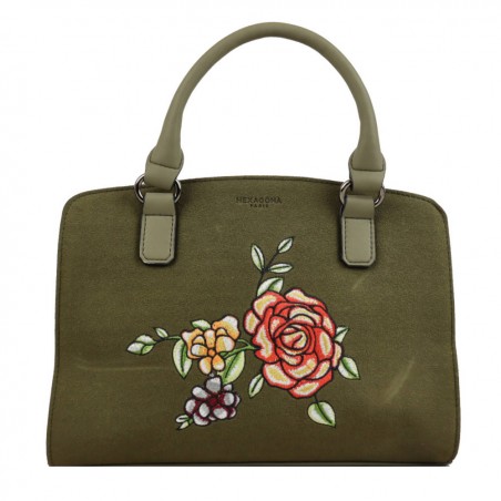 NEUF AVEC DÉFAUTS Sac à main Hexagona rigide bi-matière - Vert motif fleur