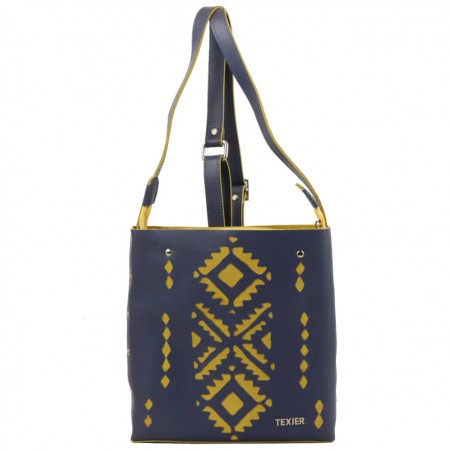 Sac plat Texier (S) fabrication France - Cuir Bleu motif ethnique